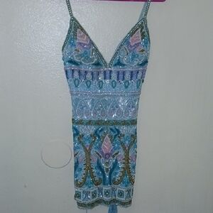 Jovani Beaded Blue and Green Mini Dress